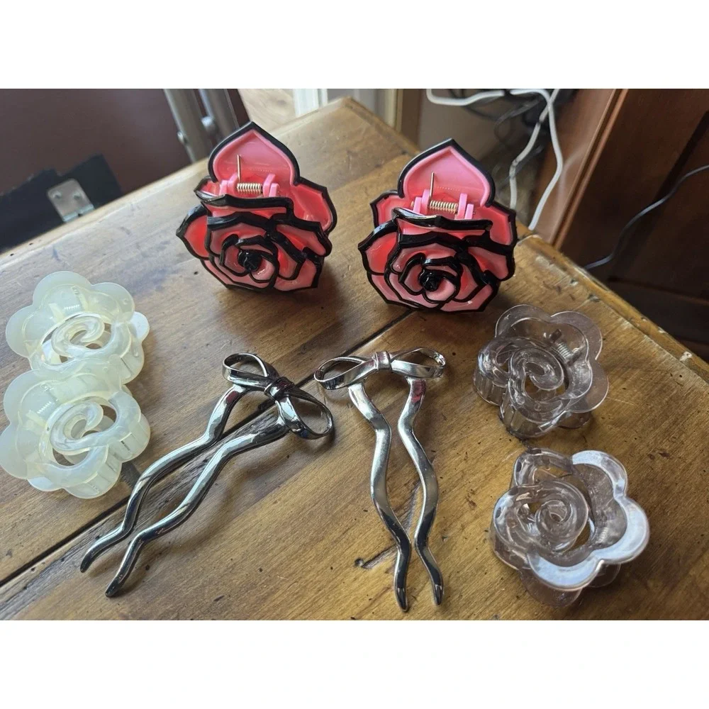 12pc Hair Clip Bundle Rose Enamel Claw Clip Cat Bow Stick Pin Coquette Kawaii
